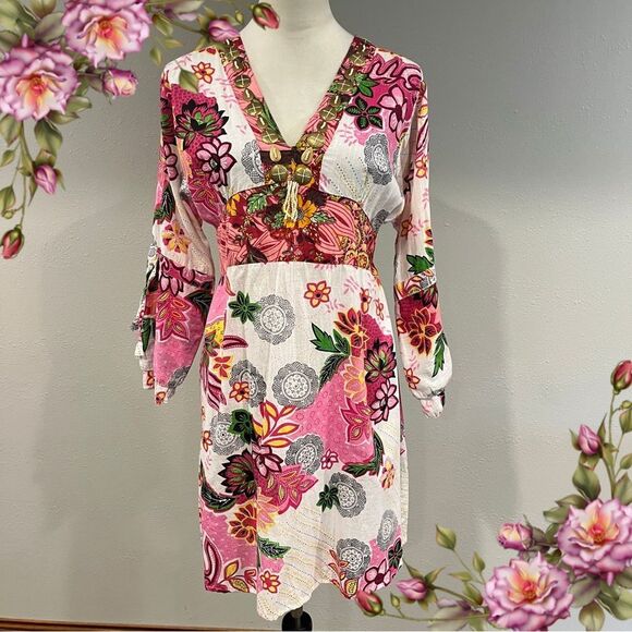 Floral beaded long sleeve V-Neck Dress size large - Picture 1 of 13